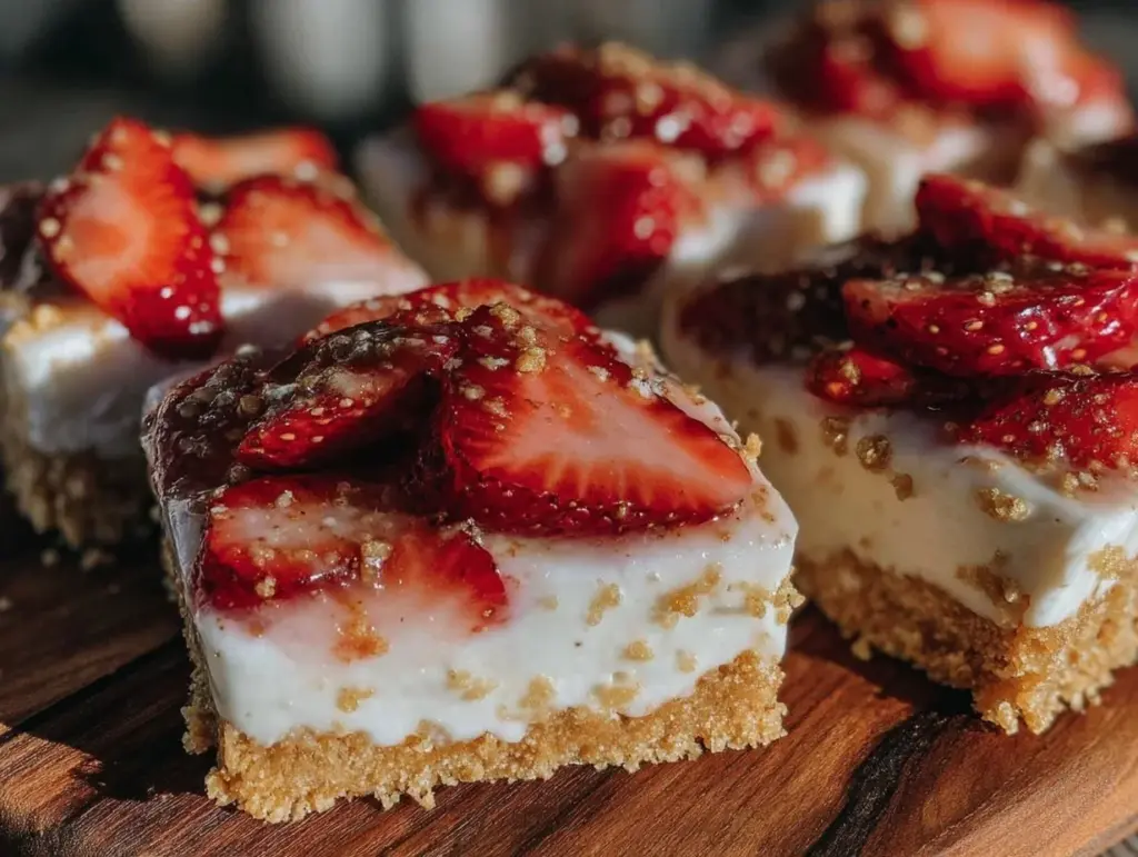 no-bake strawberry cheesecake bars - featured image