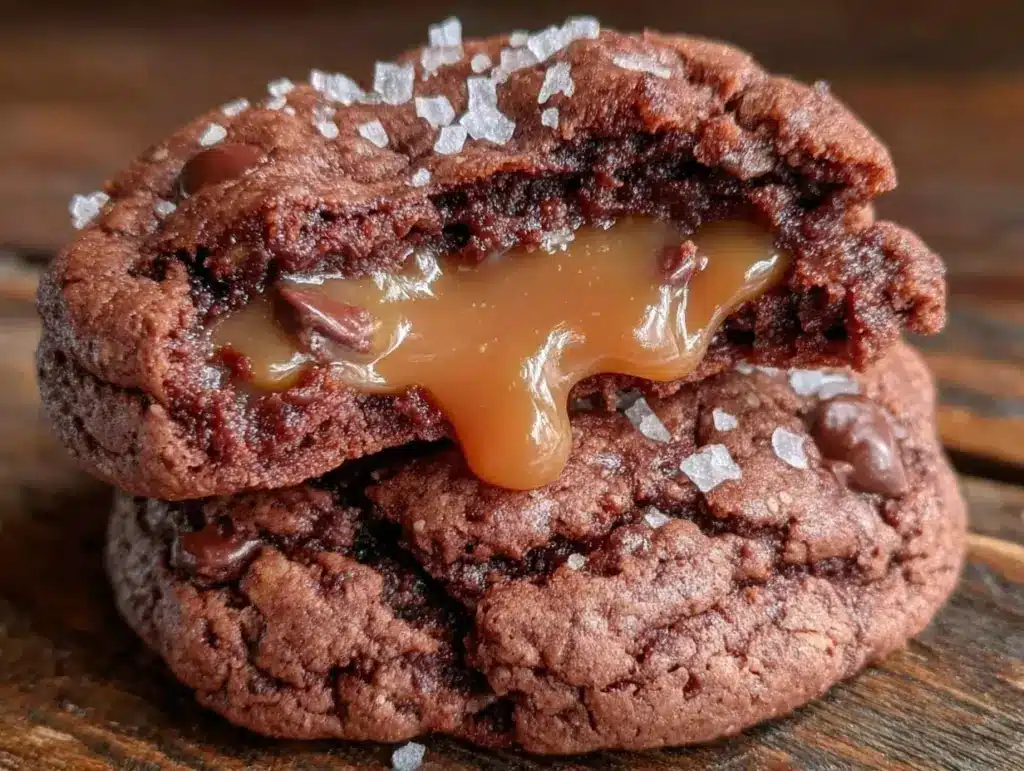 salted caramel stuffed chocolate cookies - featured image