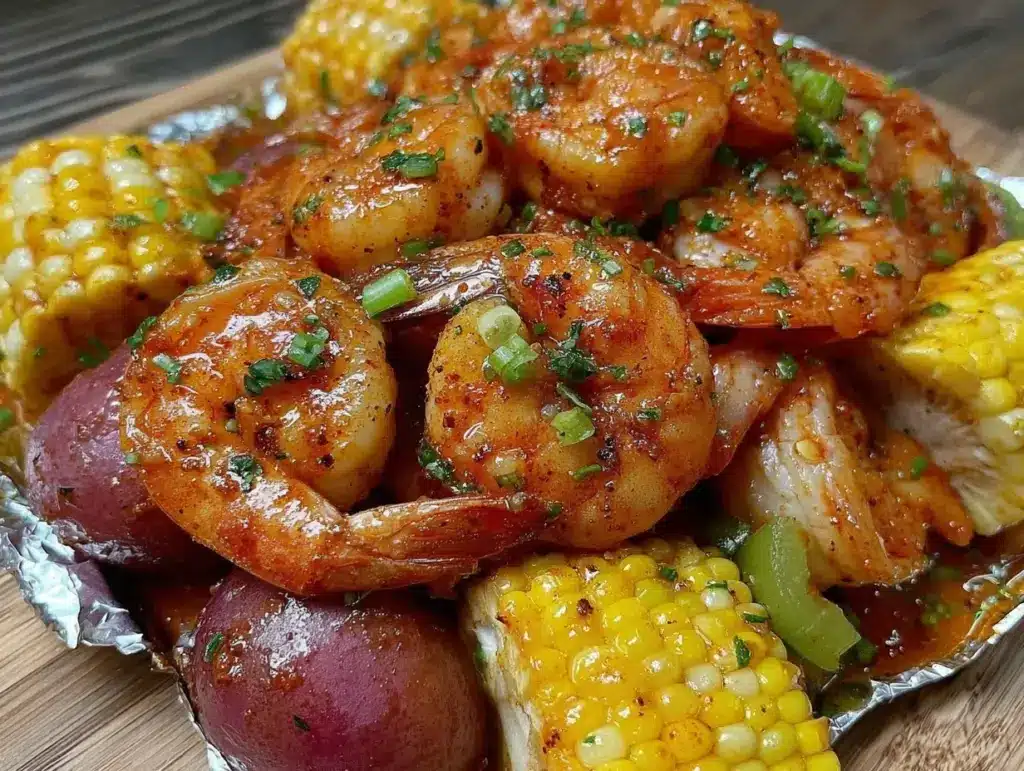 spicy grilled shrimp boil foil packets - featured image