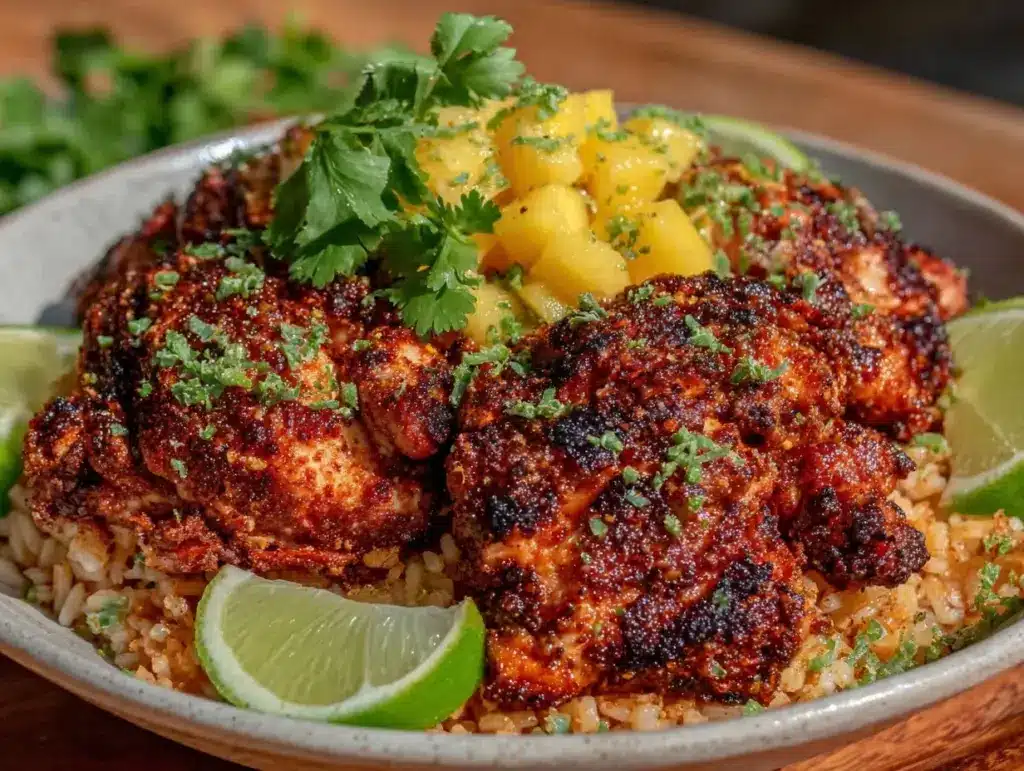 blackened chicken mango rice bowls - featured image