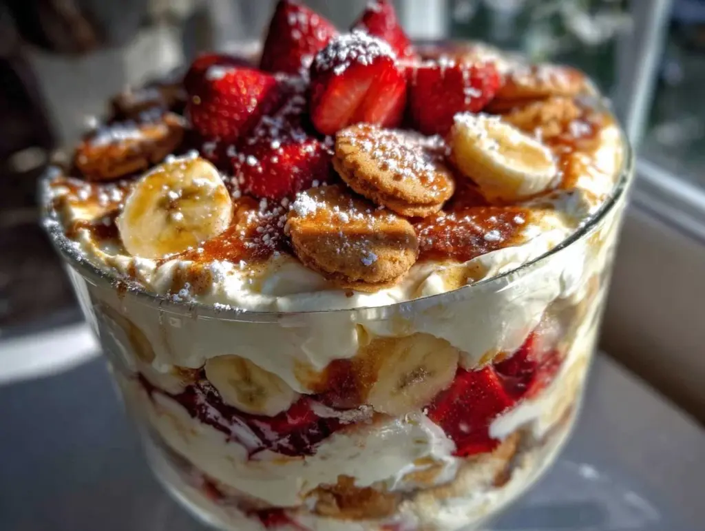 creamy strawberry banana pudding trifle - featured image