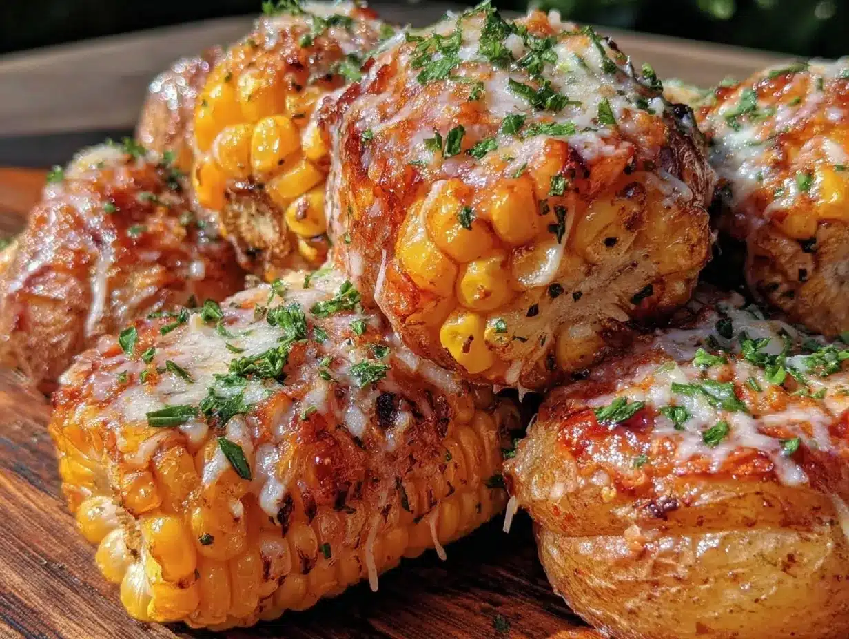 crispy grilled foil packet garlic parmesan corn and potatoes preparation steps