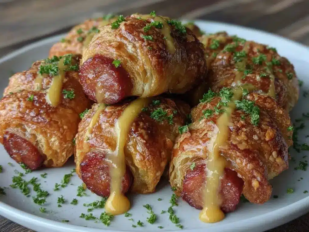 crispy puff pastry wrapped cocktail sausages - featured image