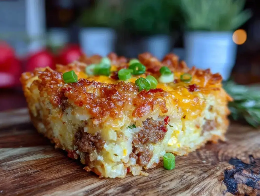 easy cheesy sausage egg and cheese hash brown breakfast casserole - featured image
