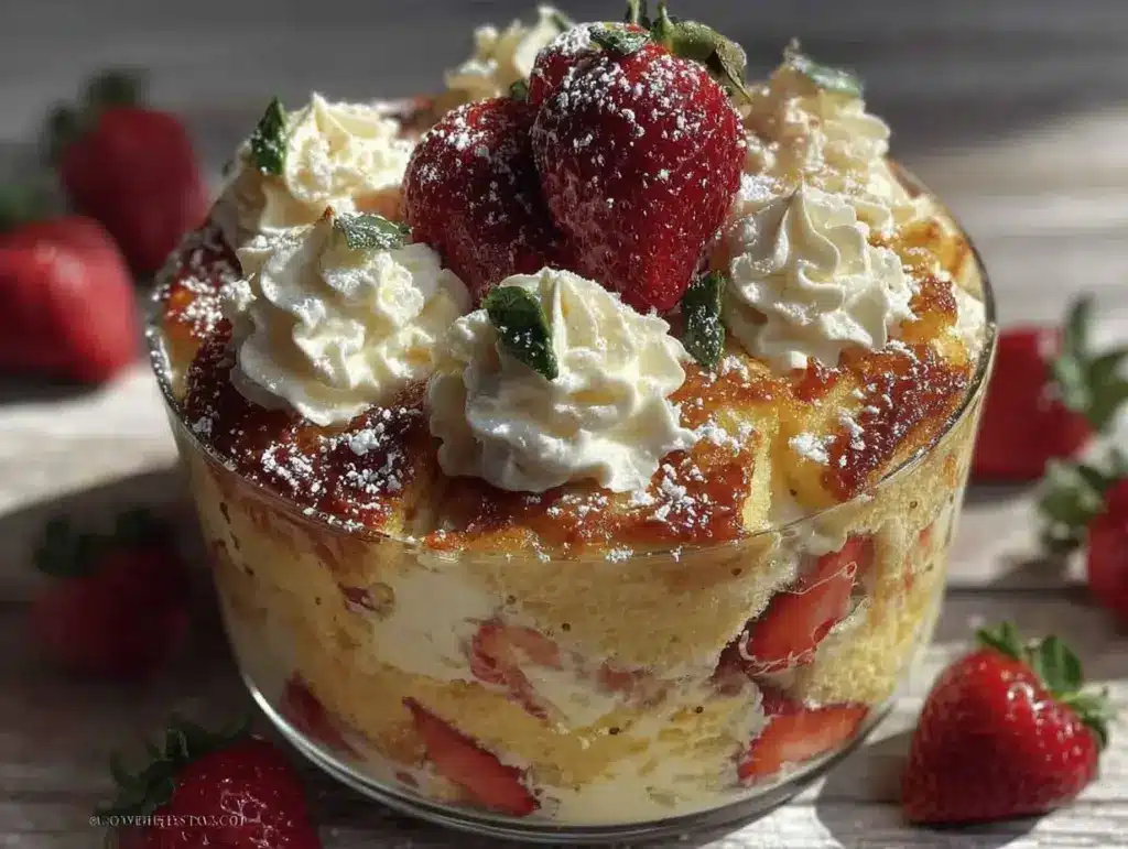 easy creamy strawberry shortcake trifle - featured image
