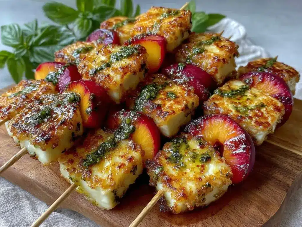 grilled halloumi and peach skewers - featured image