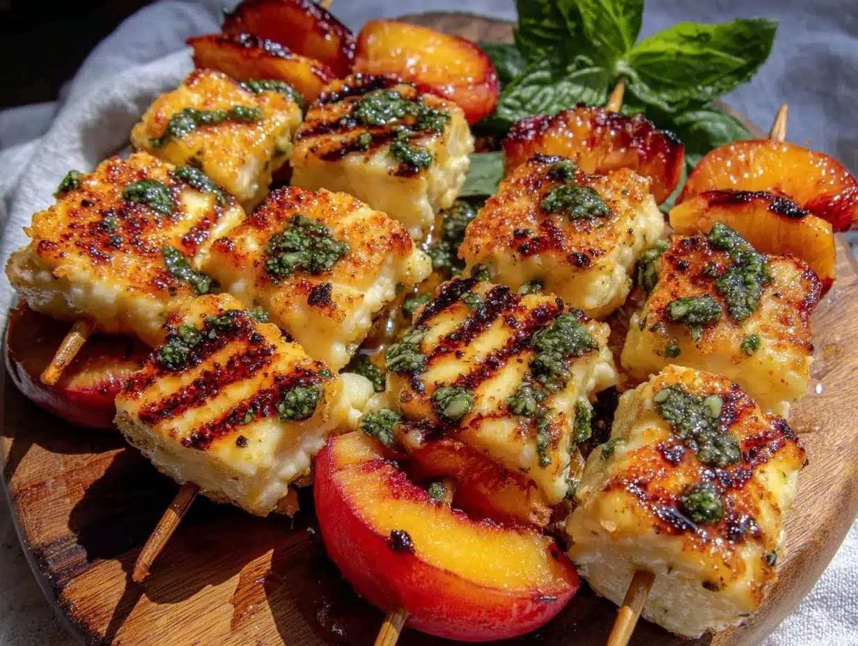 grilled halloumi and peach skewers preparation steps