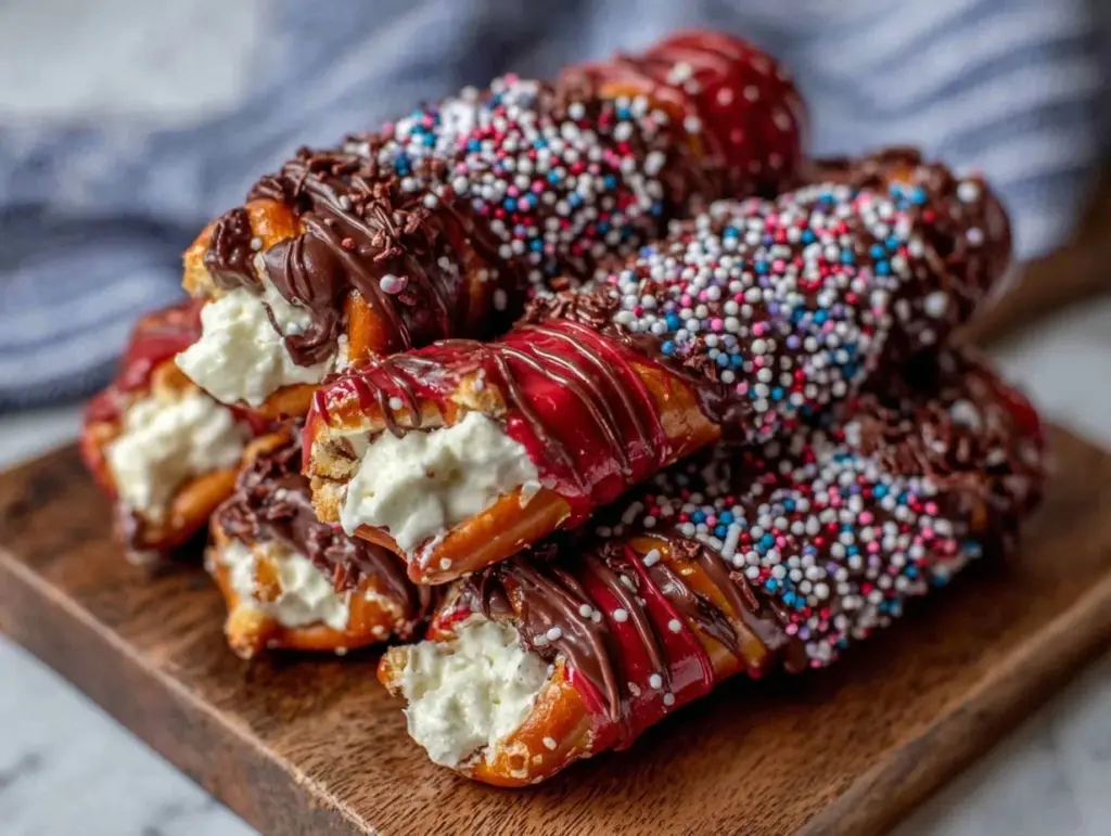 red white and blue chocolate covered pretzel rods - featured image