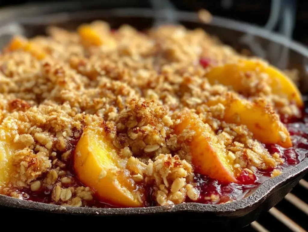 smoked peach crisp skillet recipe - featured image