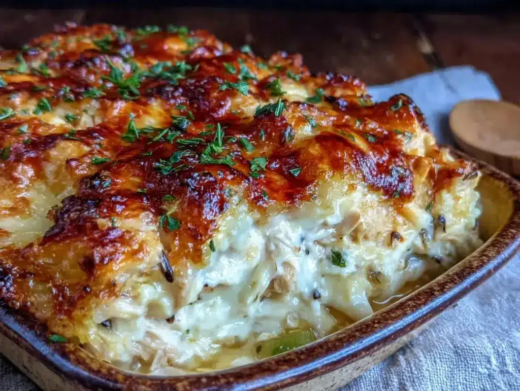 creamy comfort chicken and wild rice casserole - featured image