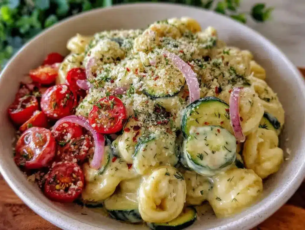 creamy dill cucumber pasta salad - featured image