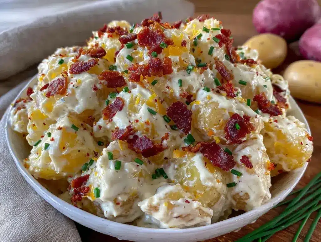 creamy loaded baked potato salad with bacon - featured image