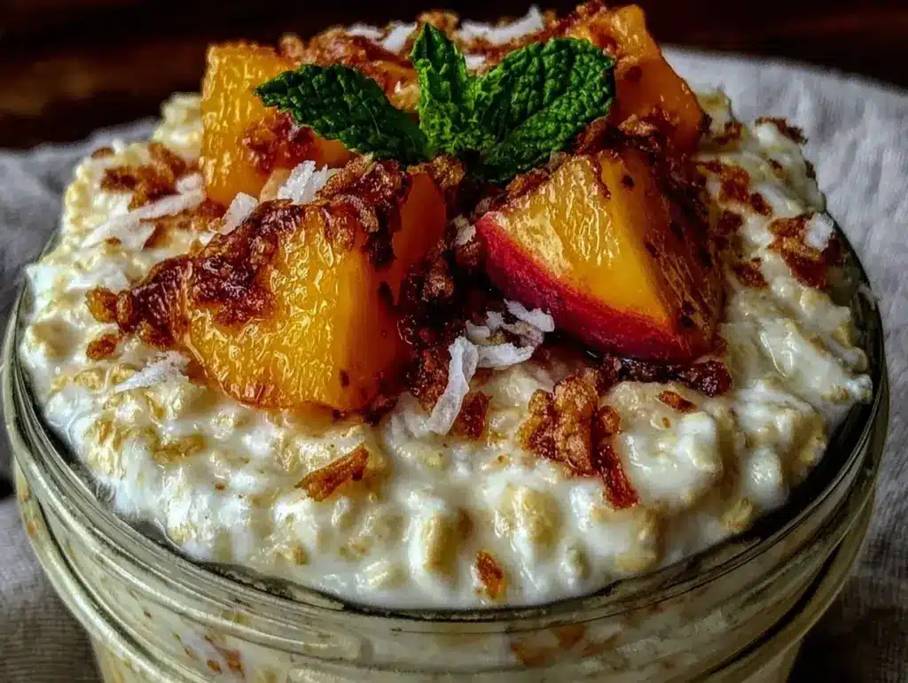 creamy peach coconut overnight oats - featured image