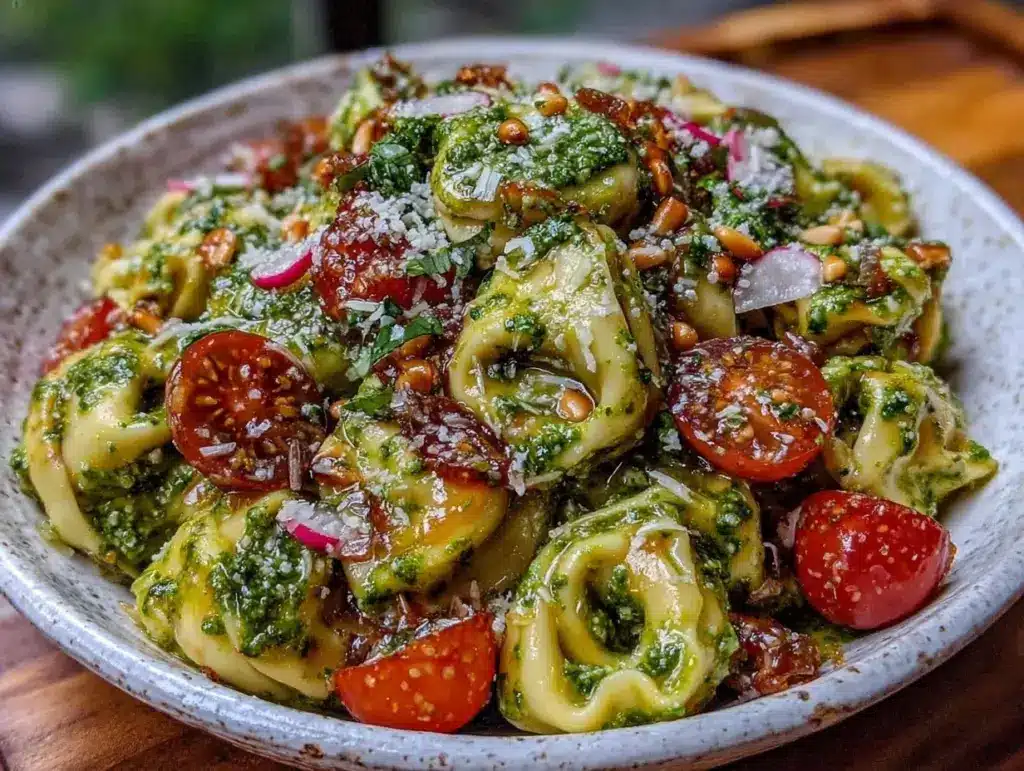 creamy pesto tortellini pasta salad - featured image