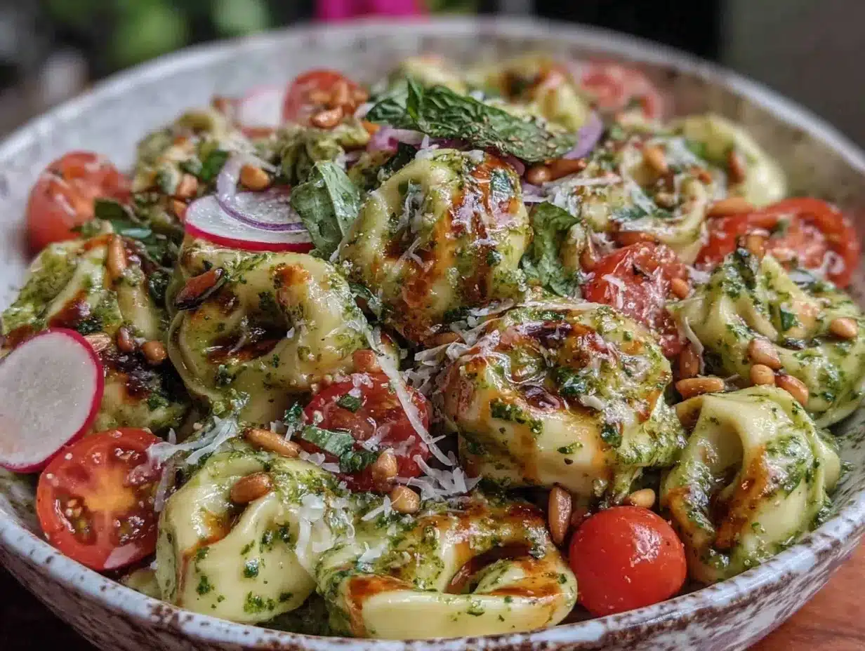creamy pesto tortellini pasta salad preparation steps