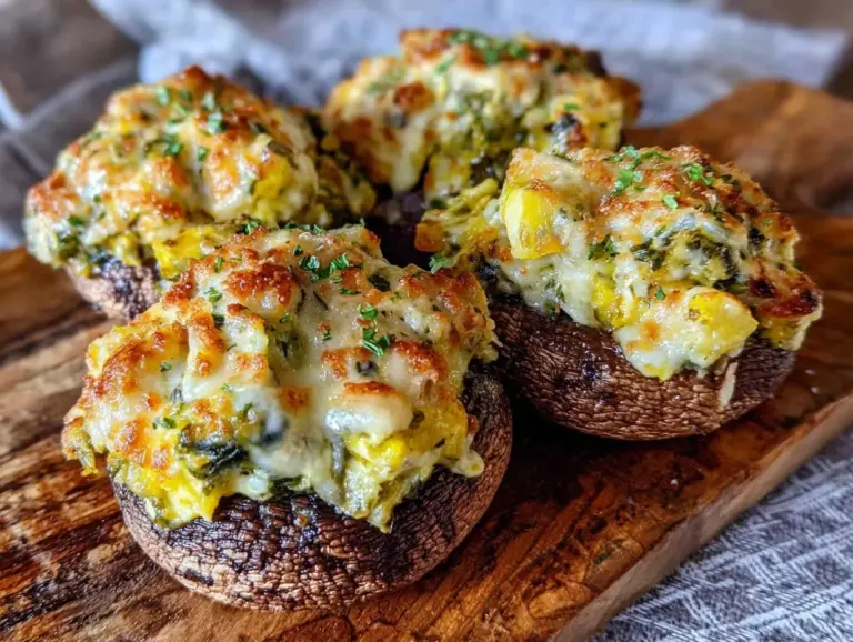 creamy spinach artichoke stuffed mushrooms - featured image