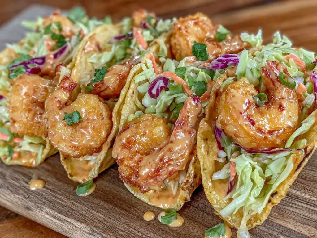 crispy bang bang shrimp tacos - featured image