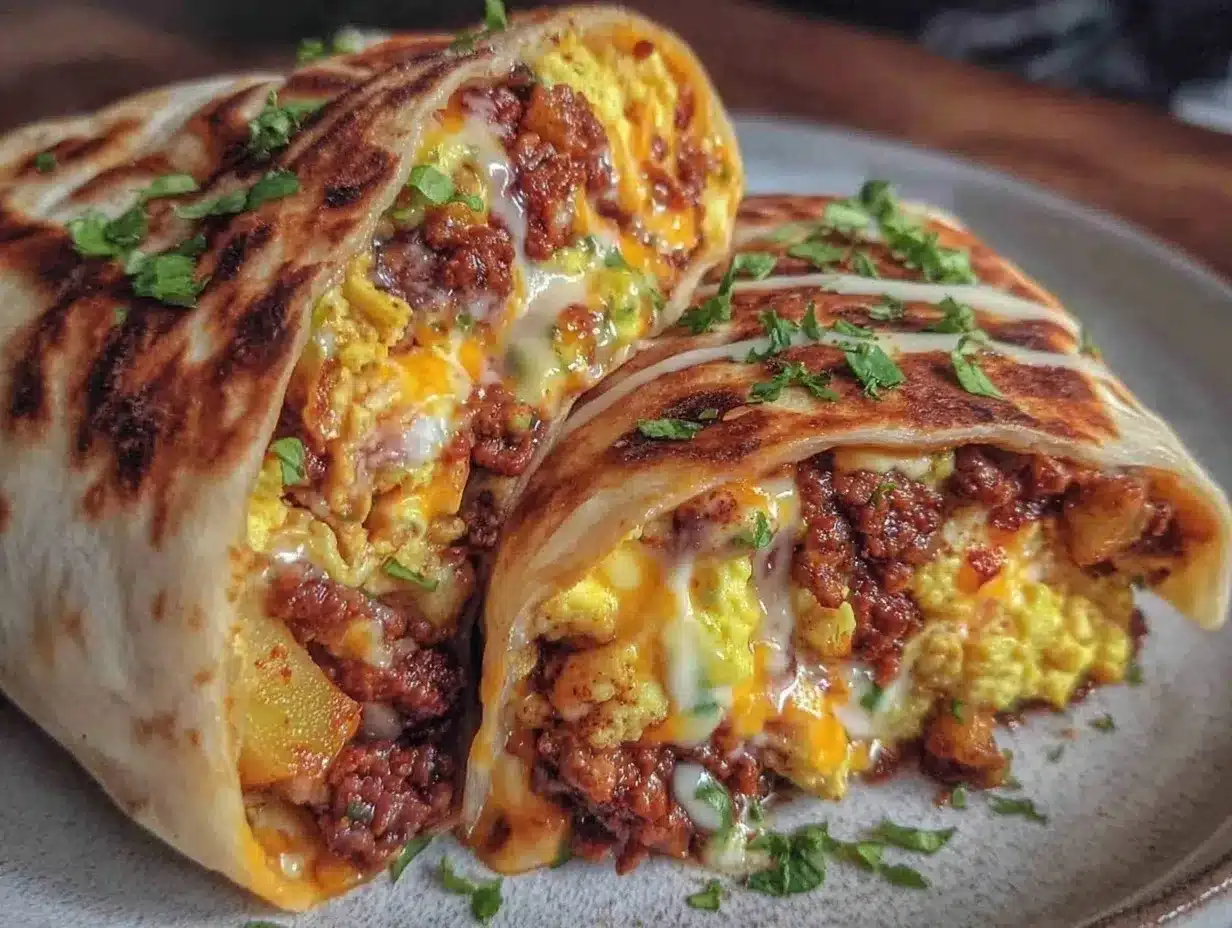 crispy ultimate breakfast burrito with chorizo and potato preparation steps