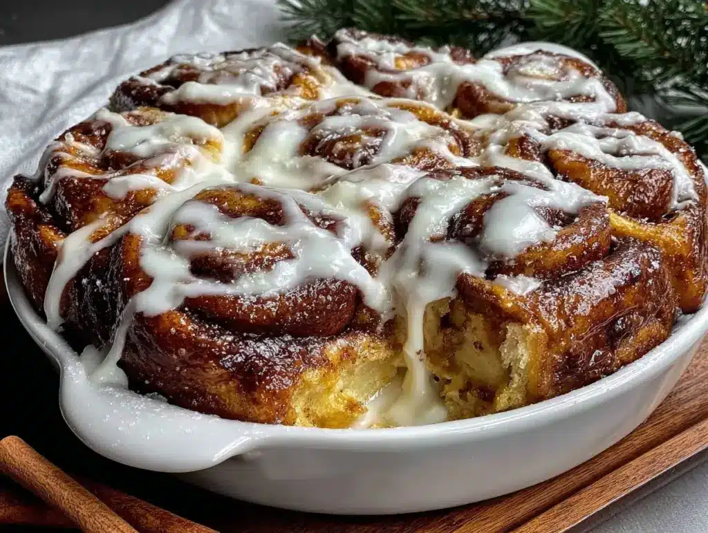 easy overnight cinnamon roll casserole - featured image