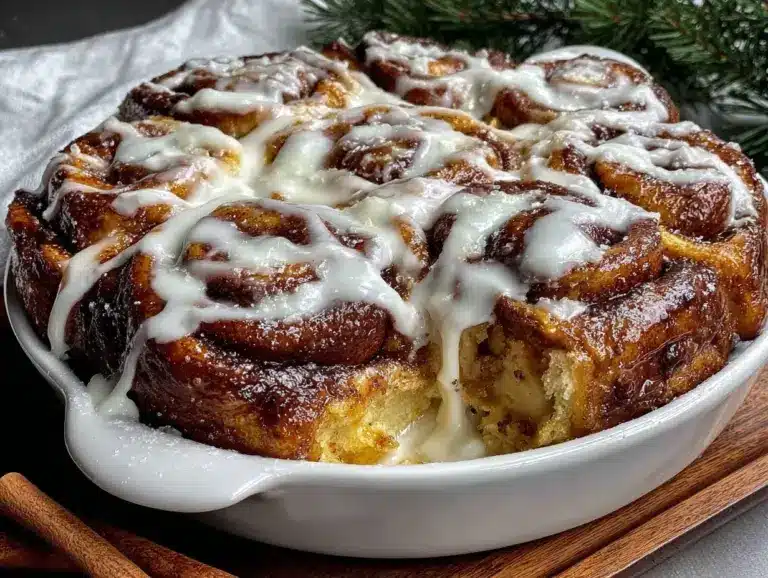 easy overnight cinnamon roll casserole - featured image