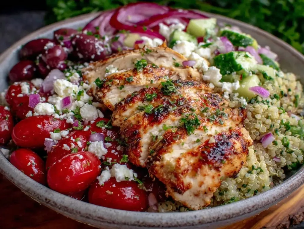 fresh mediterranean quinoa bowl with grilled chicken - featured image