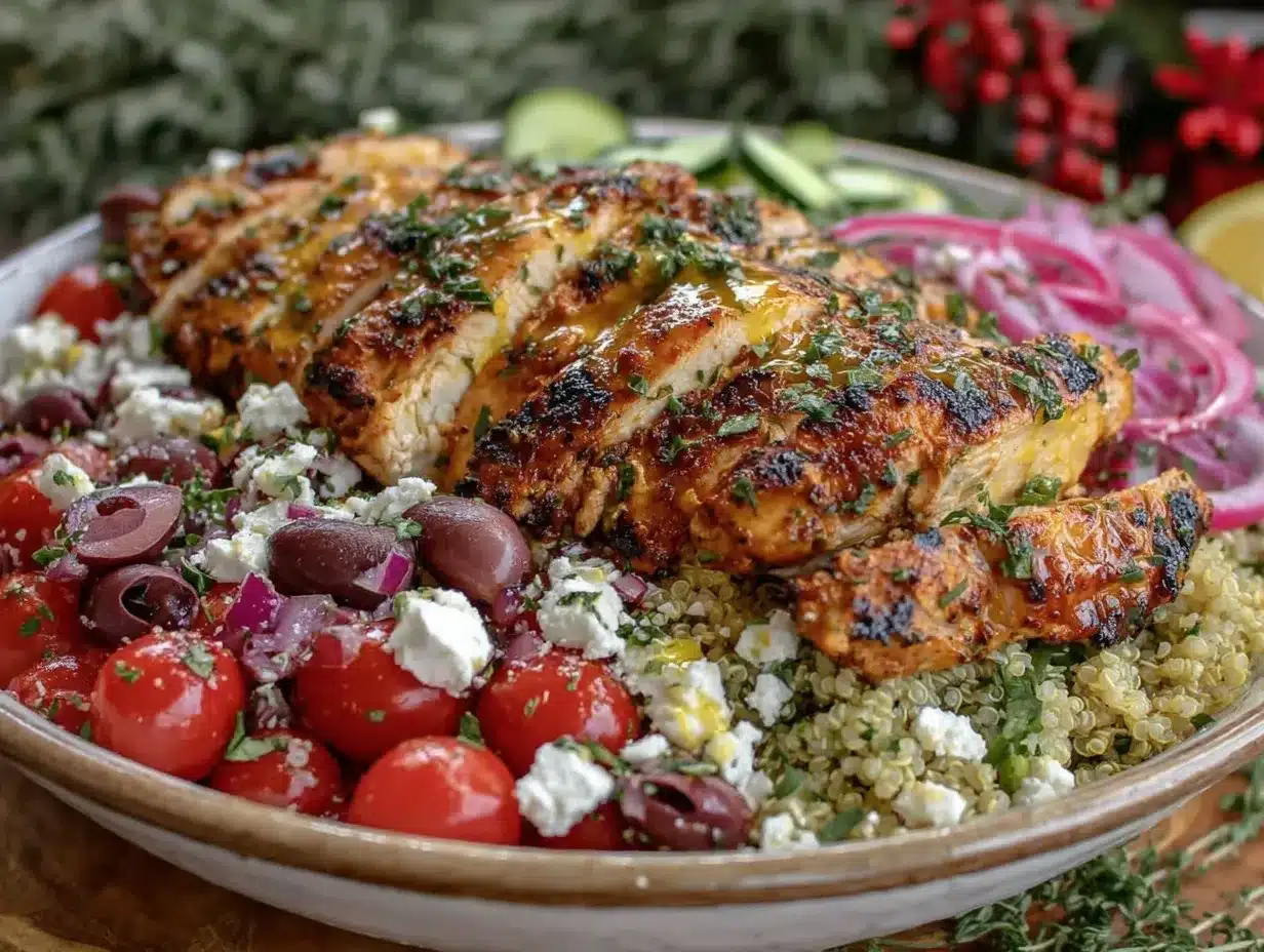 fresh mediterranean quinoa bowl with grilled chicken preparation steps