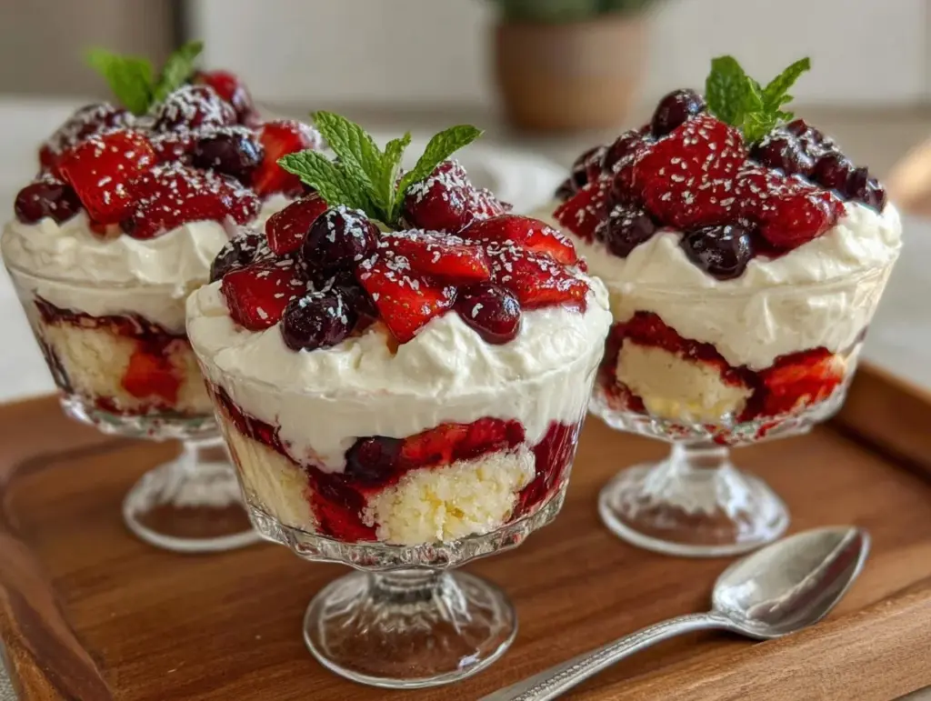 fresh red white and blue berry trifle parfaits - featured image