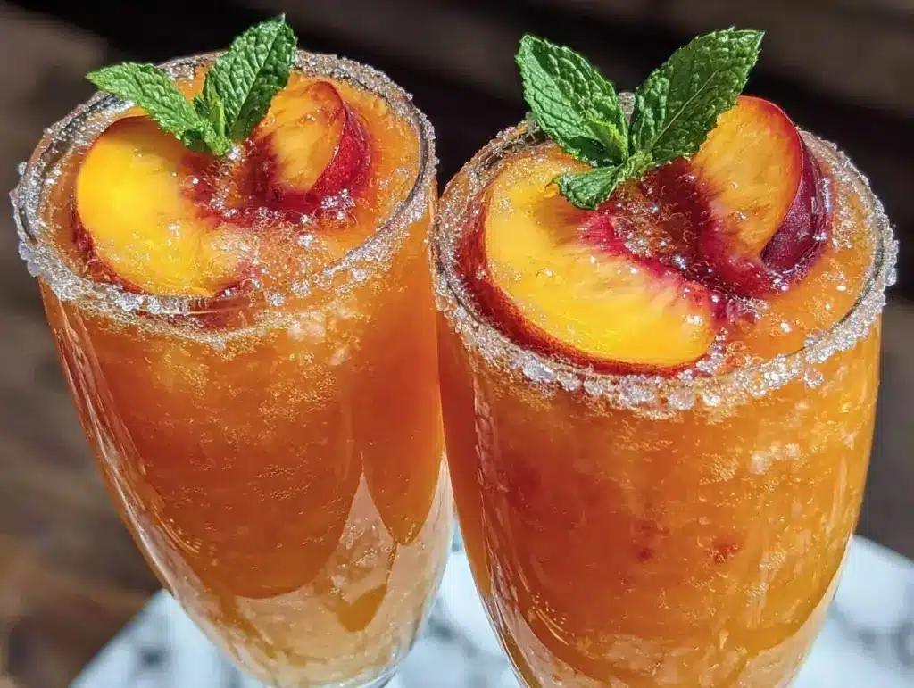 frozen peach bellini cocktail - featured image
