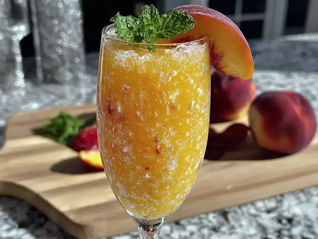 frozen peach bellini cocktail recipe - featured image