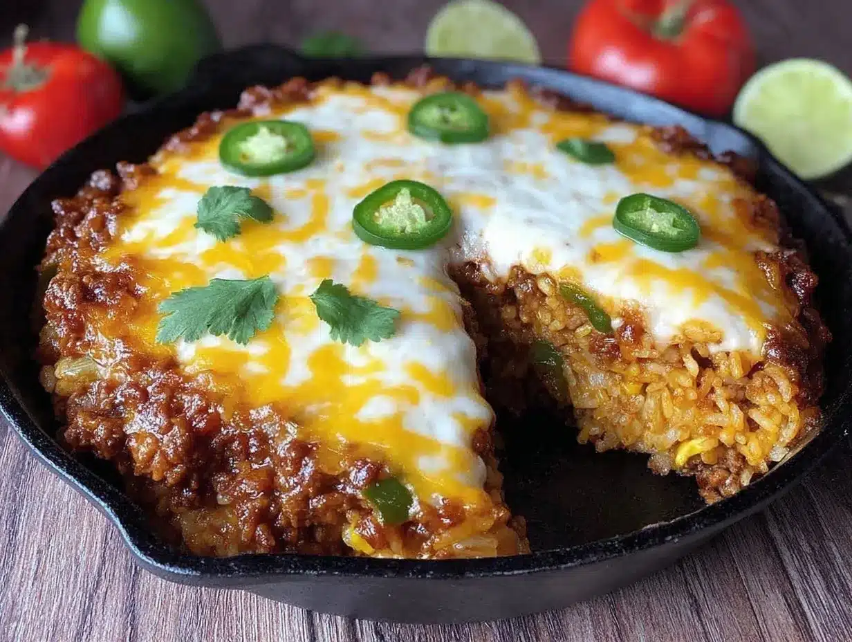 cheesy one-skillet ground beef taco rice casserole preparation steps