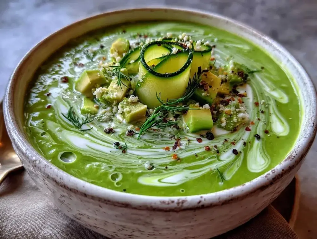 fresh chilled cucumber avocado gazpacho - featured image