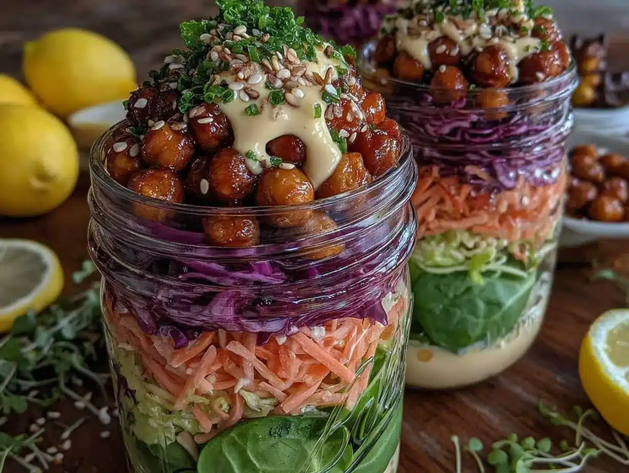 mason jar bento salad with chickpeas preparation steps